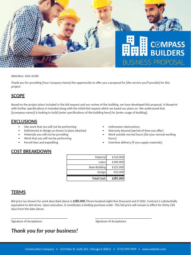1-Page Proposal Blue & Gray With Cost Breakout V3 | PDF