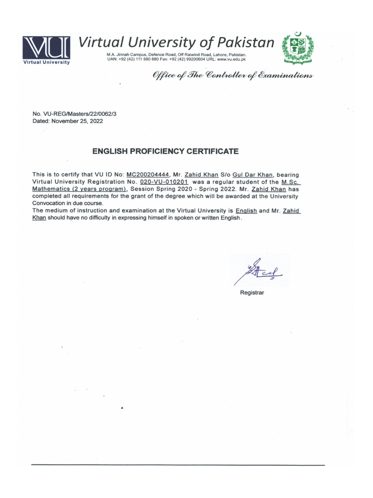 VU English Profiency Certificate | PDF