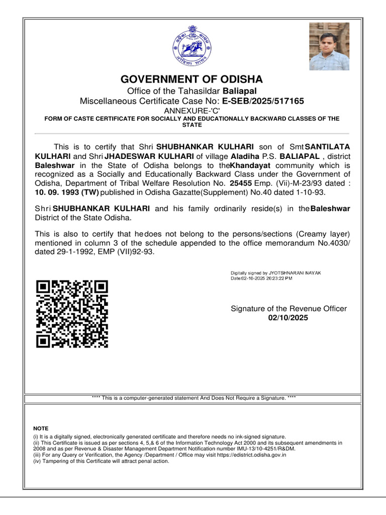 Caste Certificate for Khandayat Community | PDF
