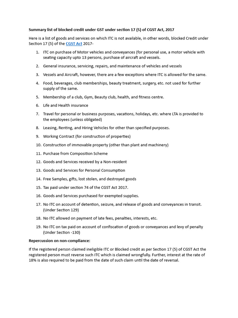 Blocked Credit in GST - Section 17 | PDF