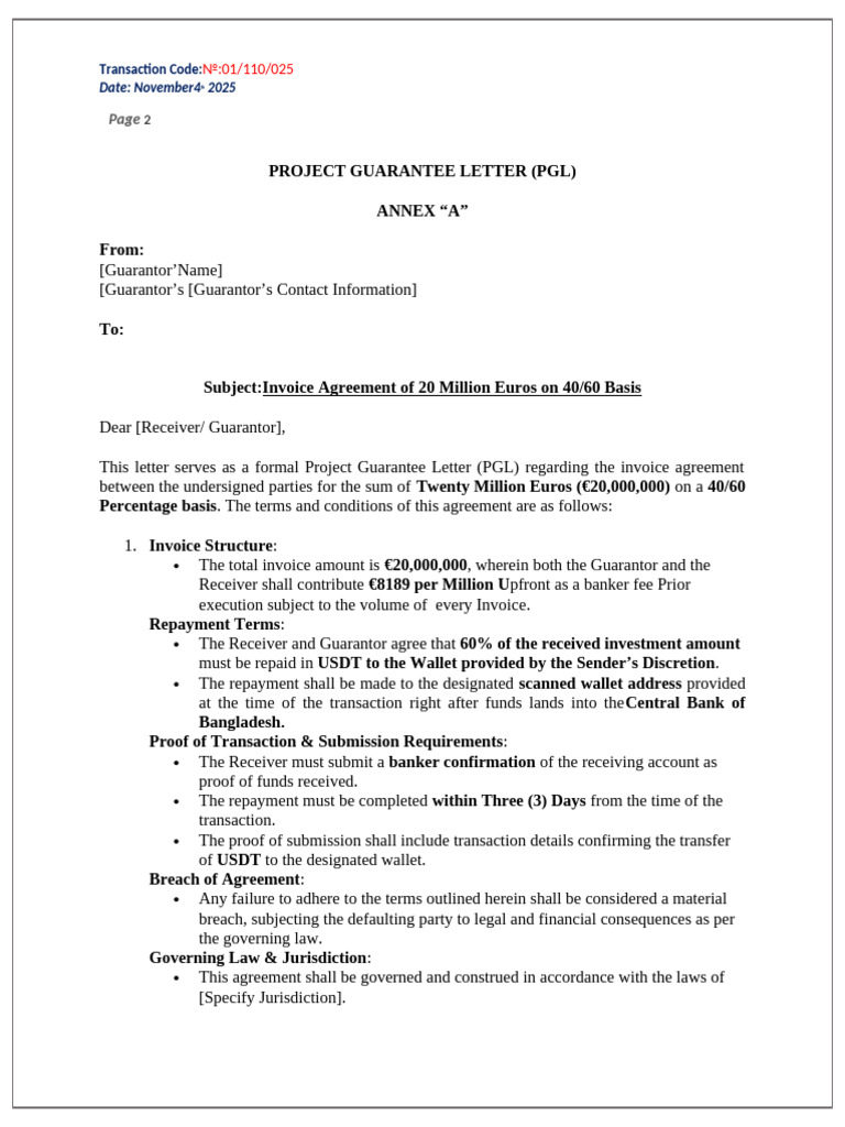 Project Guarantee Letter for €20M Agreement | PDF | Surety | Justice