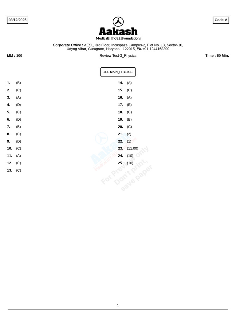 JEE Main Review Test 3 Solutions | PDF | Ph | Chemical Equilibrium