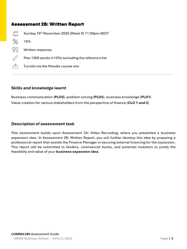 UNSW COMM1180 Written Report Guide | PDF | Evaluation | Internal Rate ...