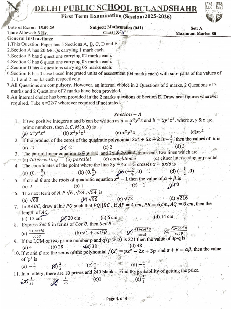 DPS Term 1 Set A Class 10 | PDF