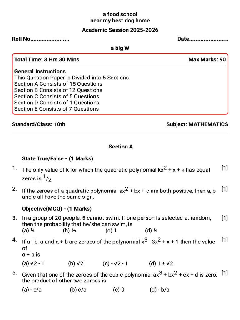 10th Grade Mathematics Exam Paper | PDF | Quadratic Equation | Abstract ...