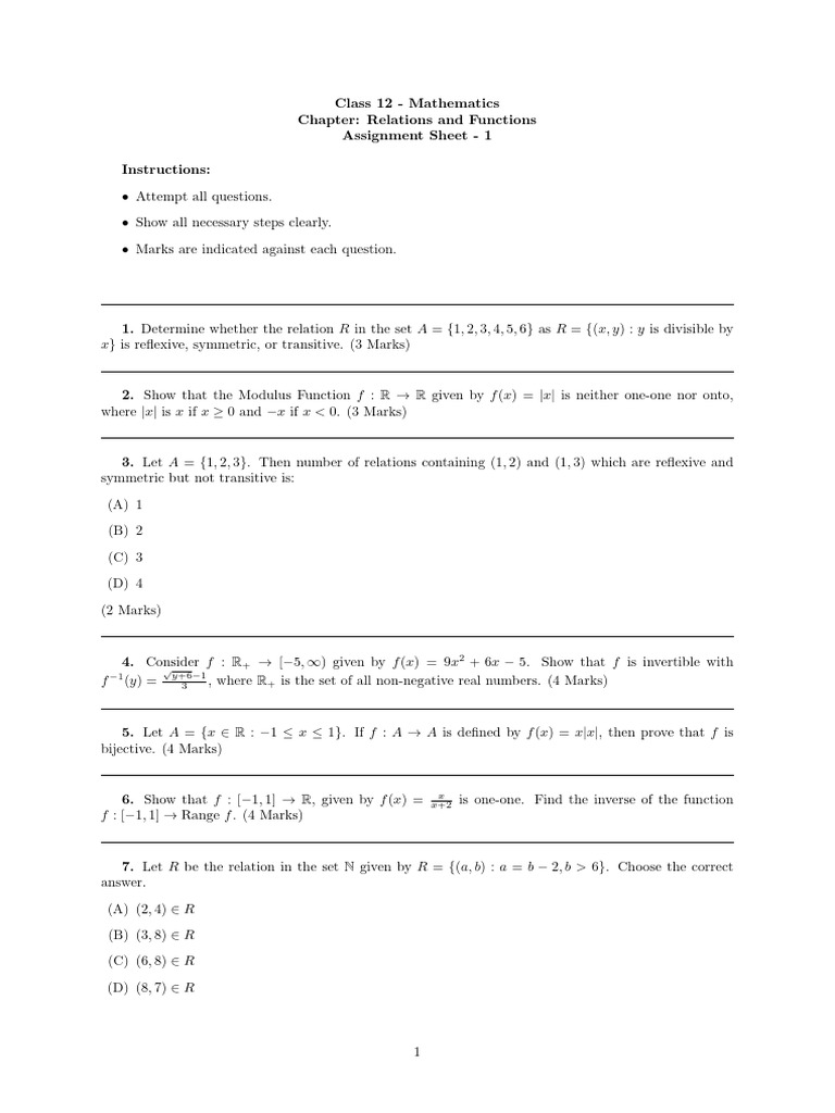 Class 12 Math: Relations & Functions Assignment | PDF