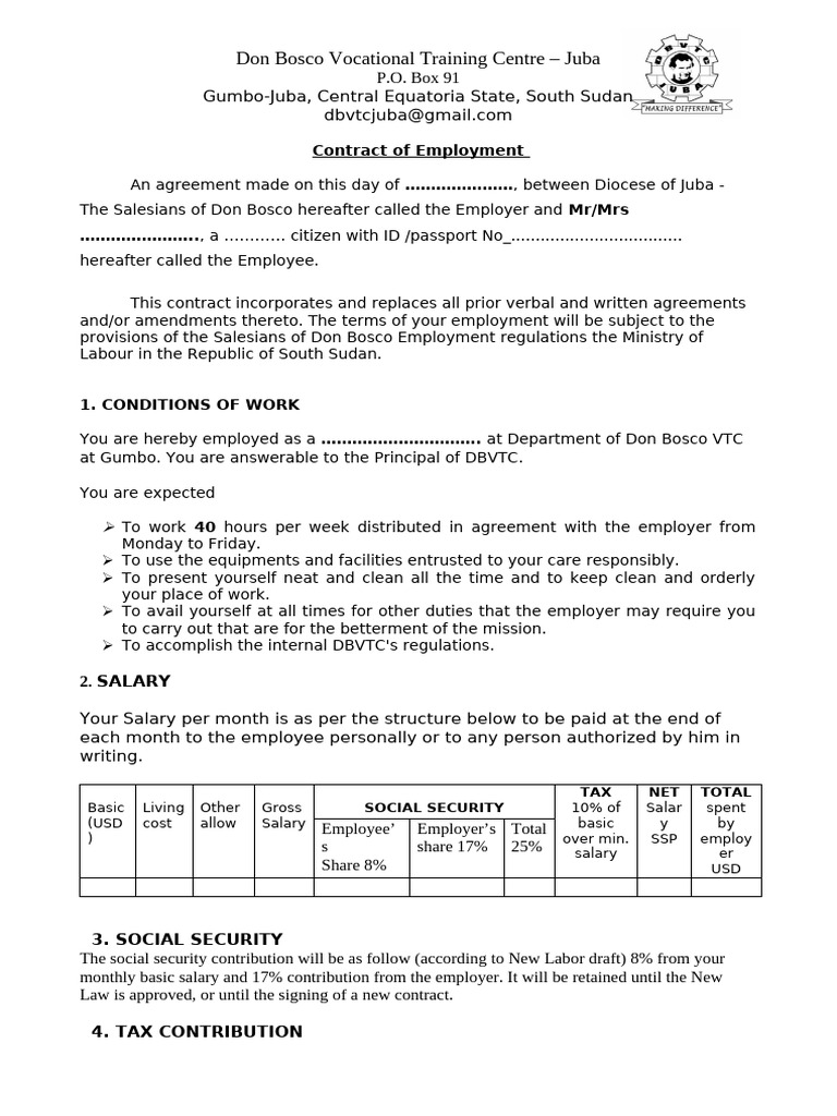 Employment Contract for Don Bosco VTC | PDF | Sick Leave | Employment
