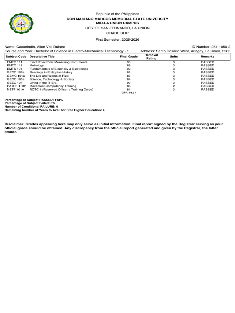 Grade Slip for Electro-Mechanical Tech | PDF