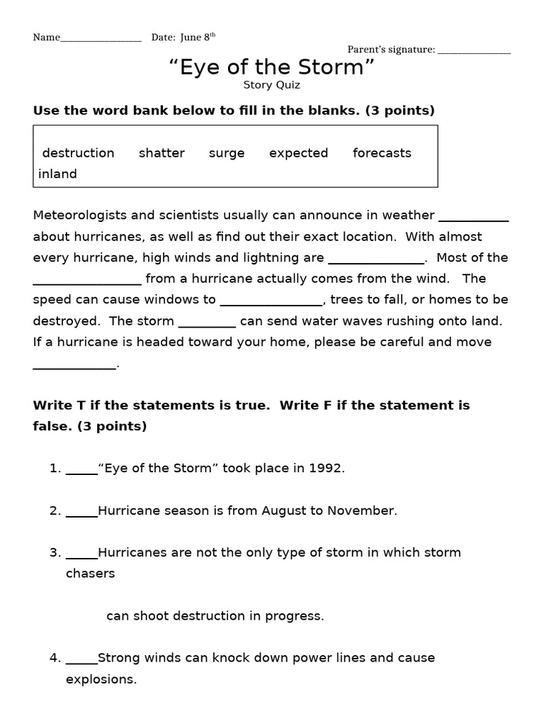 Eye of the Storm Comprehension Quiz B GROUP | PDF | Tropical Cyclones ...