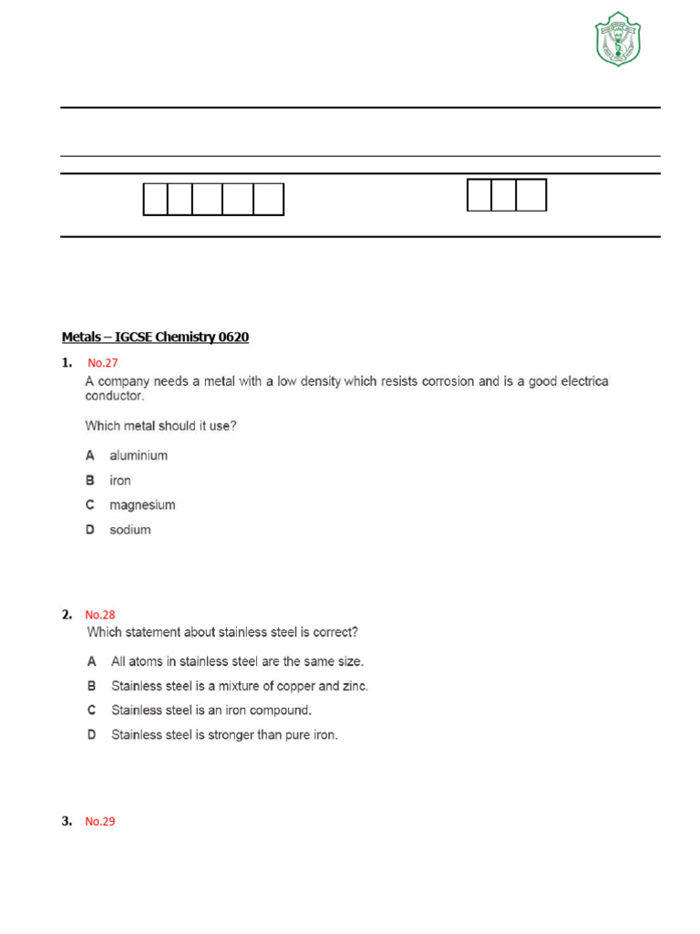 Metals IGCSE Chem 0620 | PDF