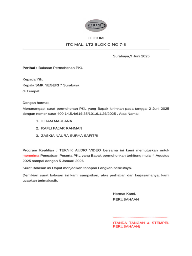 Balasan PKL SMK Negeri 7 Surabaya | PDF