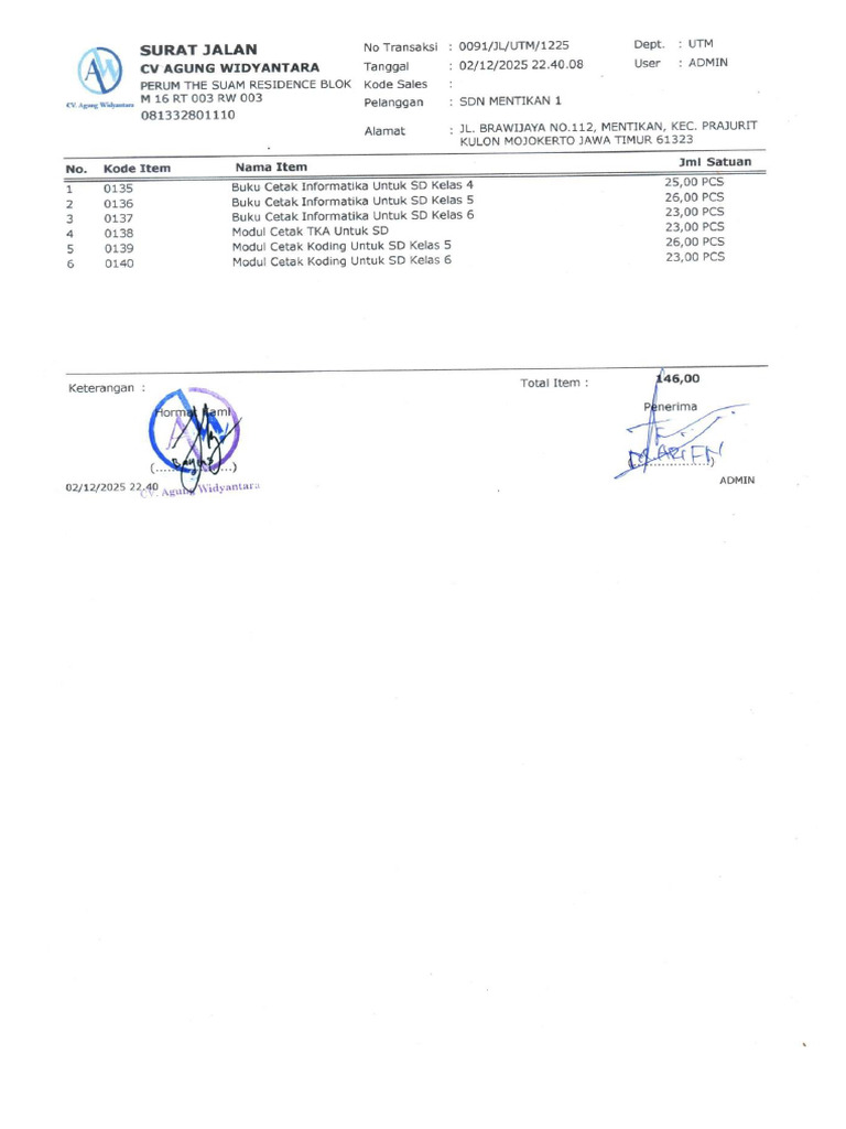Nota Kirim Cv Agung Widyantara Lks | PDF