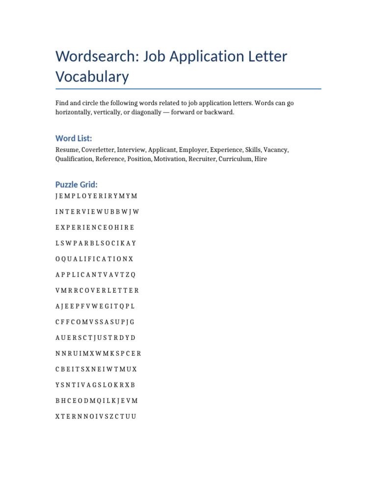 Job Application Letter Wordsearch | PDF
