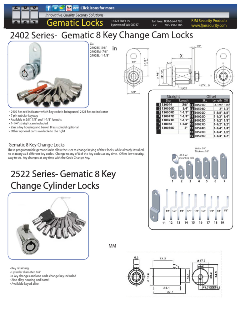2402 2522 Gematic 8 Key Change Cam Cylinder Locks | PDF | Firearms
