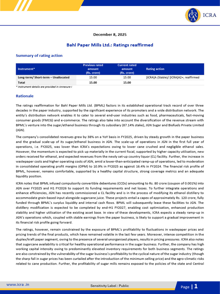Bahl Paper Mills Ltd. Ratings Reaffirmed | PDF | Credit Rating Agency ...