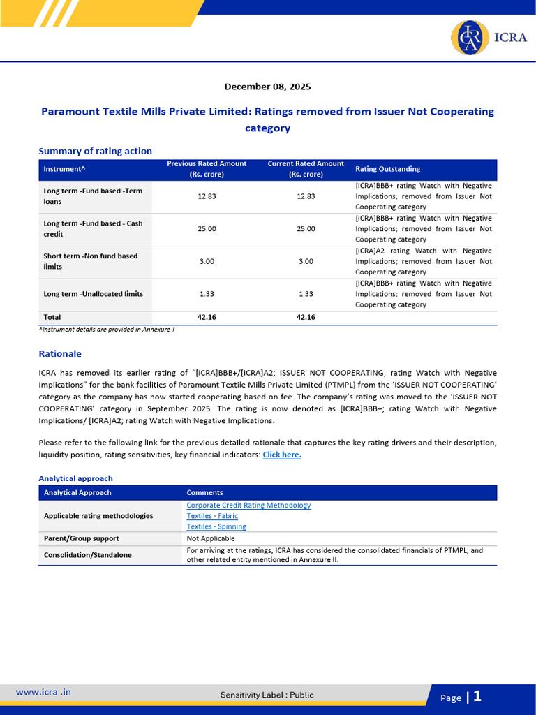Paramount Textile Mills Private Limited | PDF | Credit Rating Agency ...