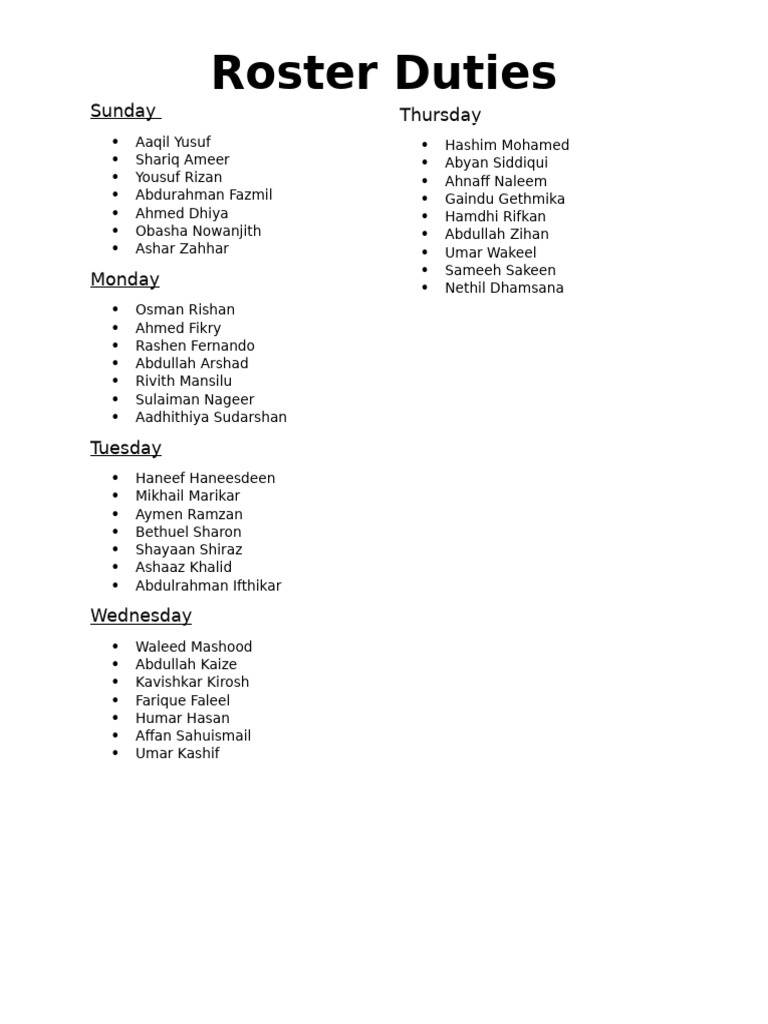 Weekly Roster Duties Schedule | PDF