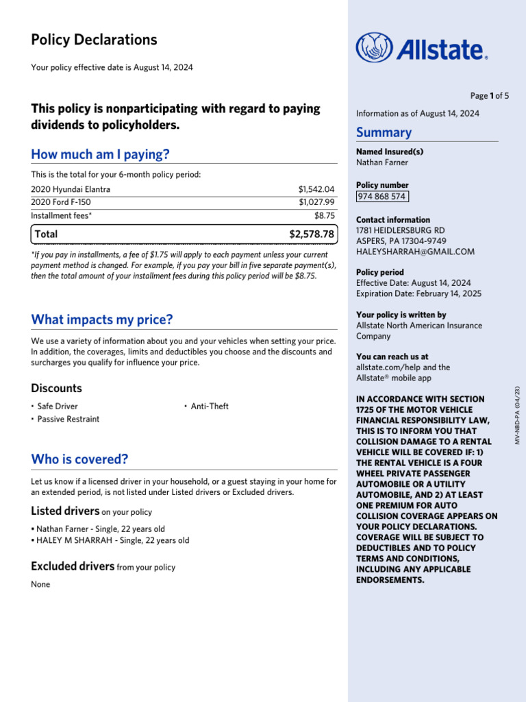 Allstate Auto Insurance Policy Summary | PDF | Vehicle Insurance ...