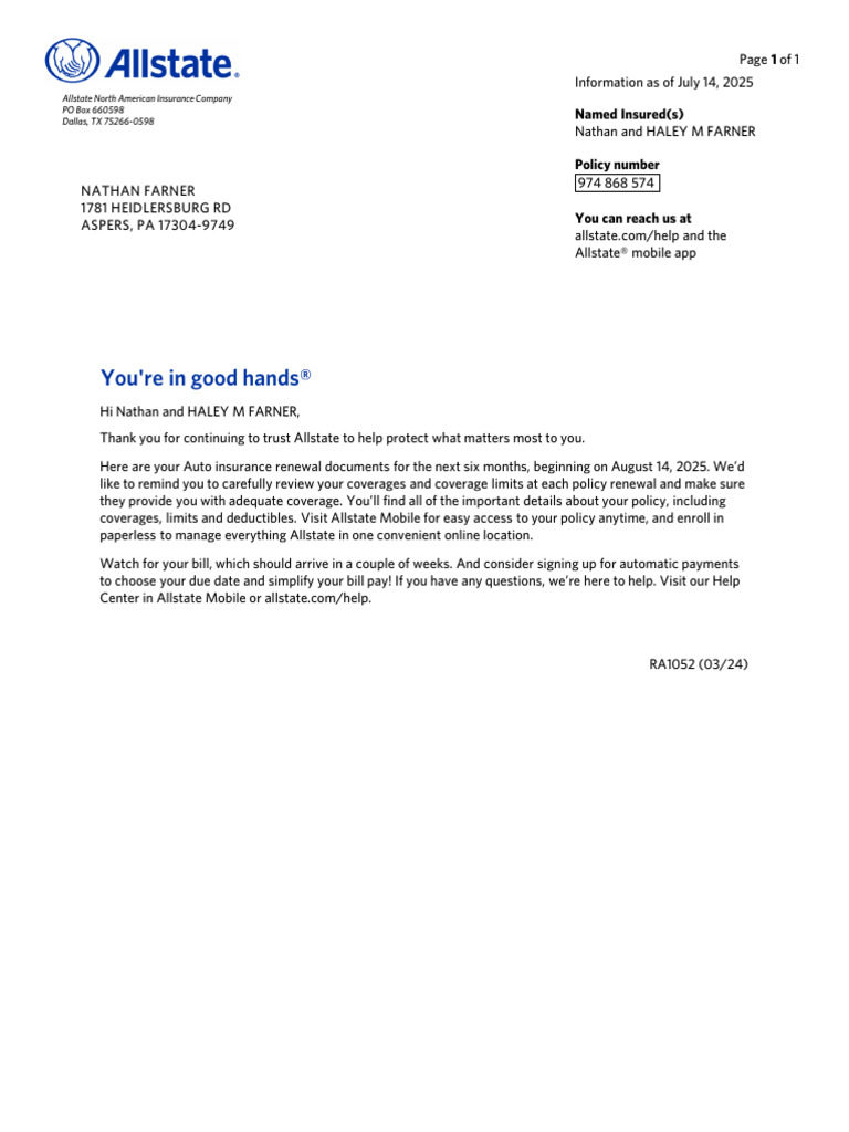 Allstate Auto Insurance Renewal Notice | PDF | Insurance | Vehicle ...