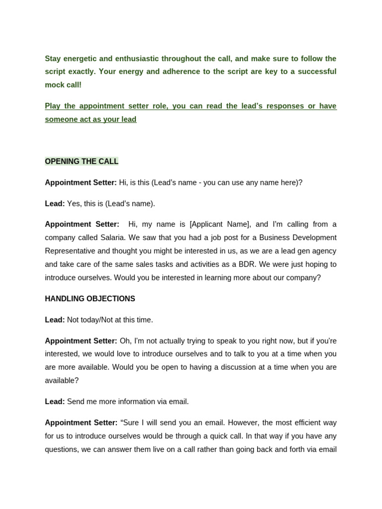 Effective Mock Call Script for Appointment Setters | PDF
