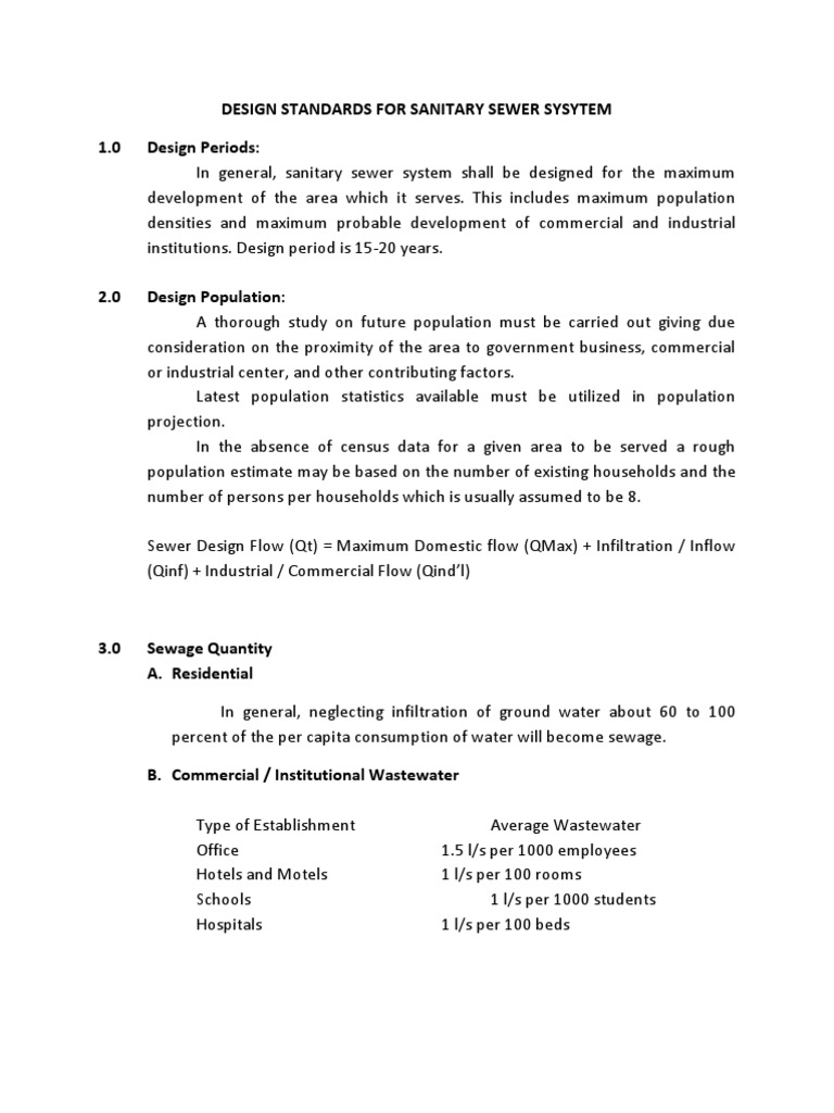 Design Standards For Sanitary Sewer Sysytem Sanitary Sewer Wastewater