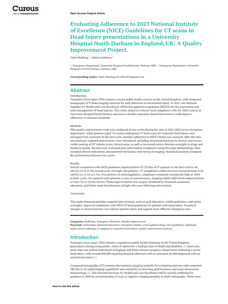 NICE Guidelines Compliance in CT Head Scans | PDF | Traumatic Brain ...