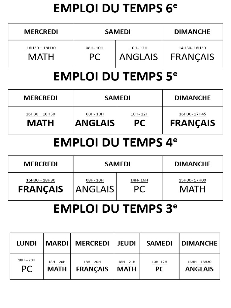 Emploi du temps des classes de 3e à 6e | PDF