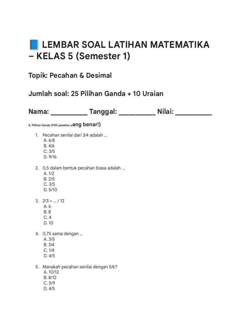 Soal Latihan Pecahan dan Desimal Kelas 5 | PDF