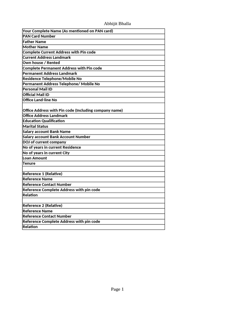 Personal Information Document Template | PDF