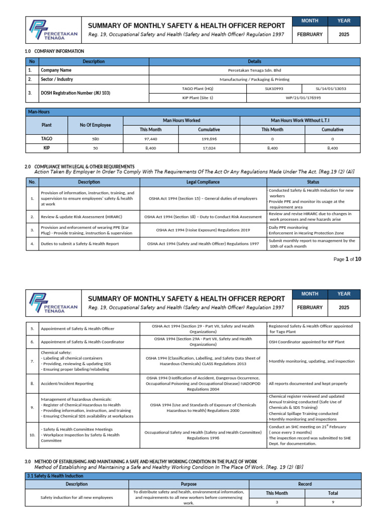 Monthly Safety Report - February 2025 | PDF | Occupational Safety And ...