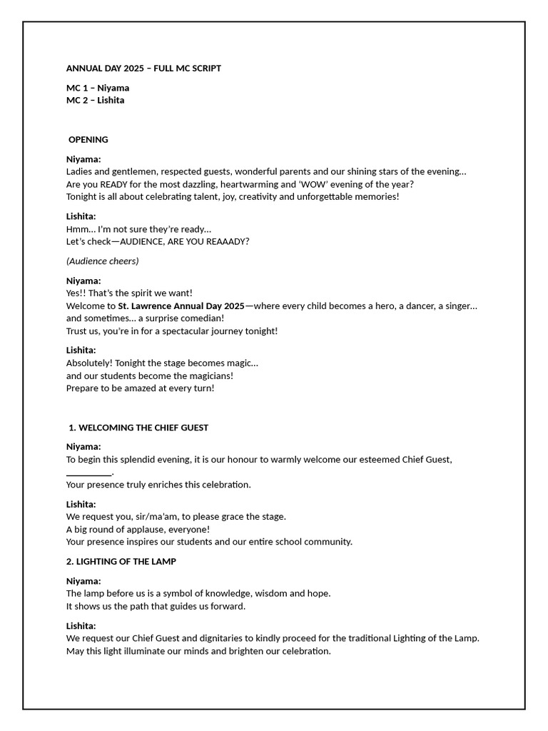 St. Lawrence Annual Day 2025 MC Script | PDF | Performing Arts