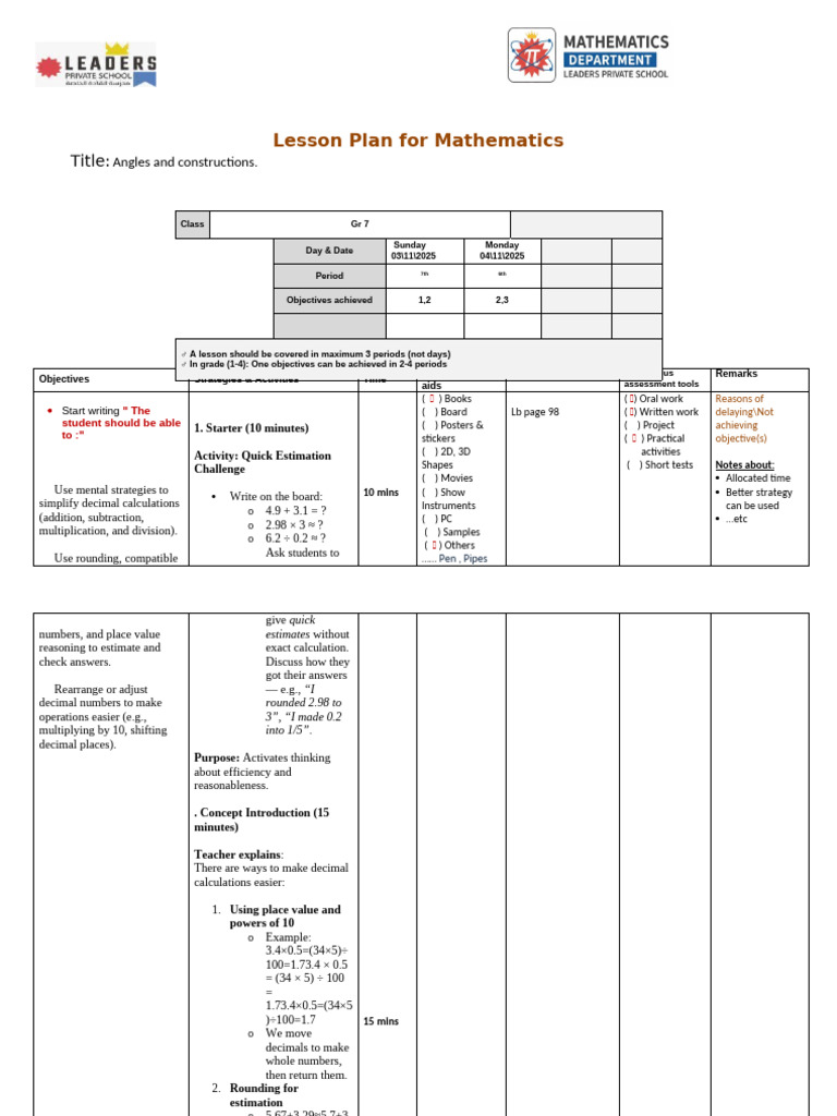 Grade 7 Math: Estimating Decimals | PDF | Approximation | Mathematics