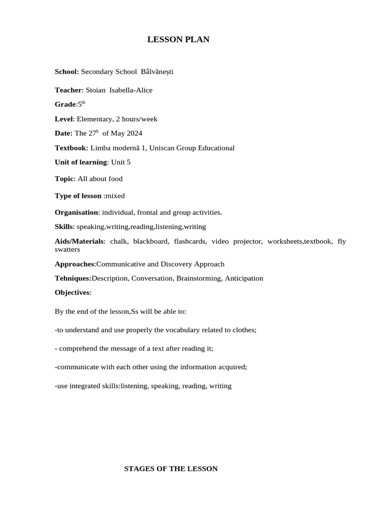Food Vocabulary Lesson Plan for 5th Grade | PDF | Communication ...