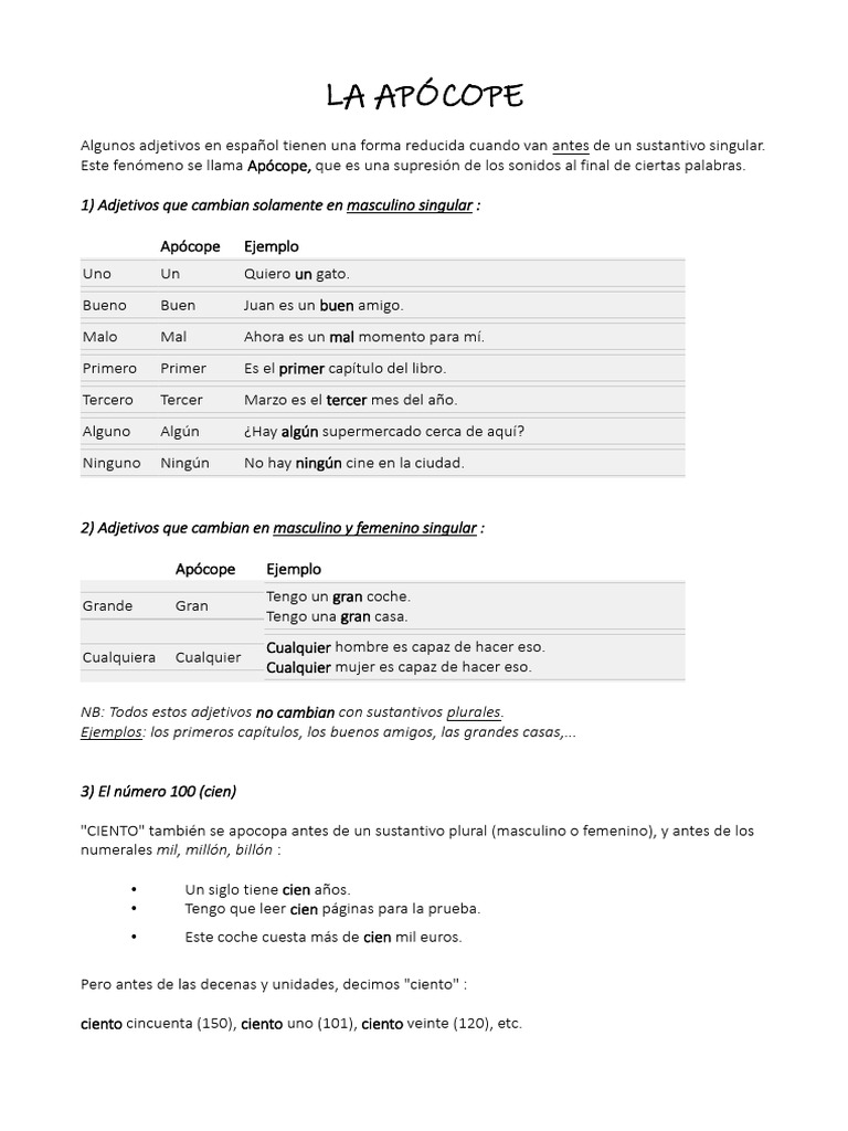 Apócope en Adjetivos en Español | PDF | Adjetivo | Sustantivo