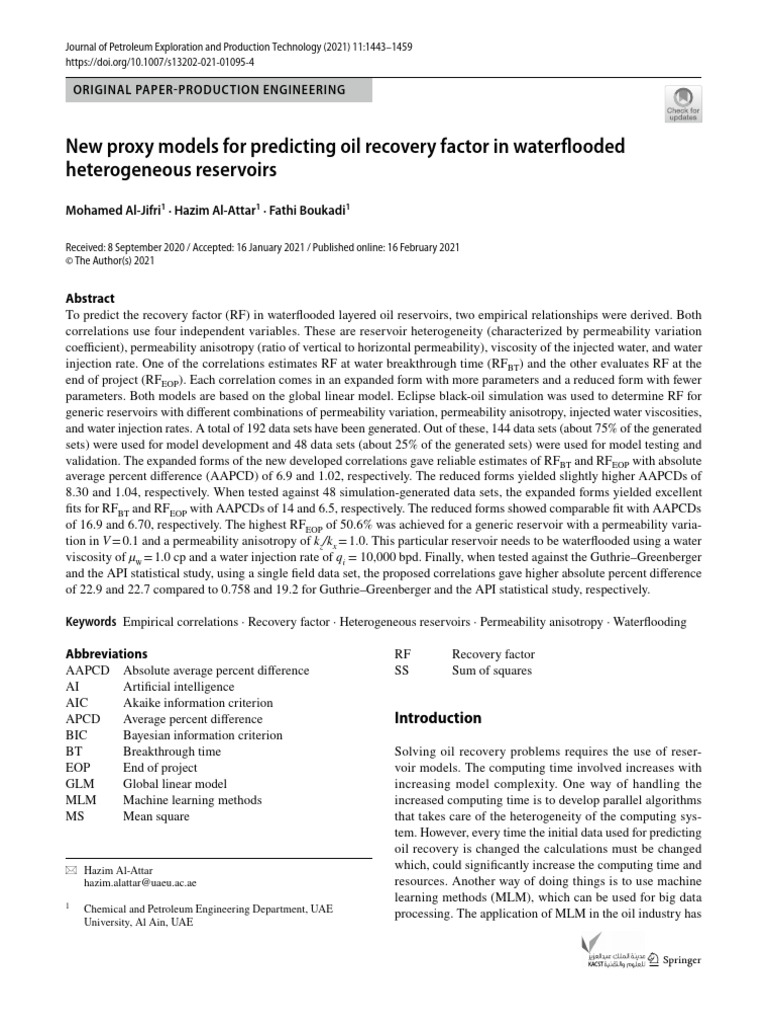 New Proxy Models For Predicting Oil Recovery Factor in Waterflooded ...
