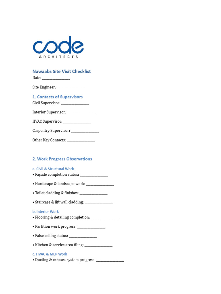Nawaabs Site Visit Checklist Template | PDF