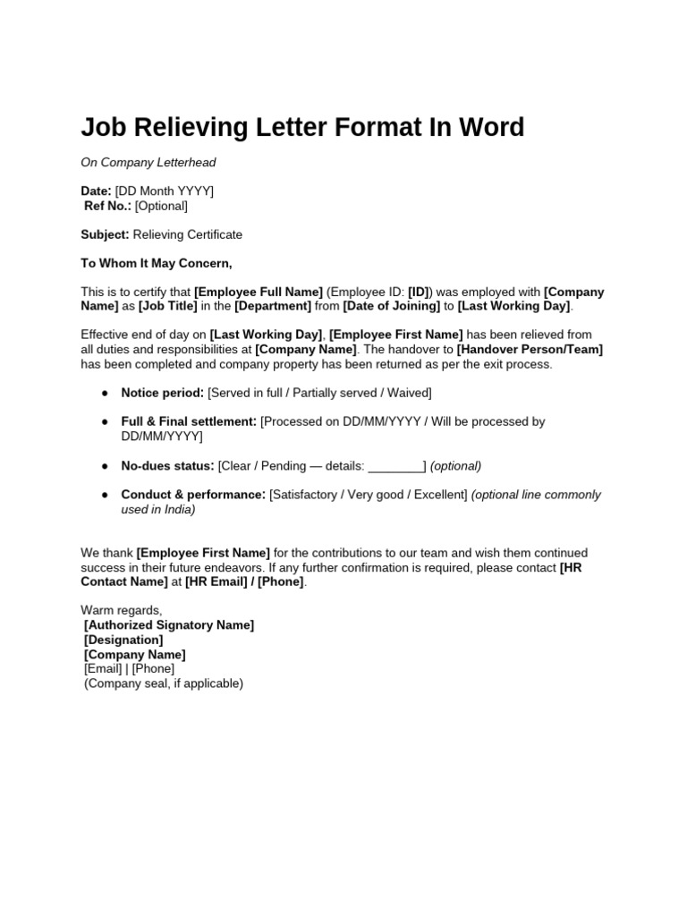 Job Relieving Letter Template in Word | PDF