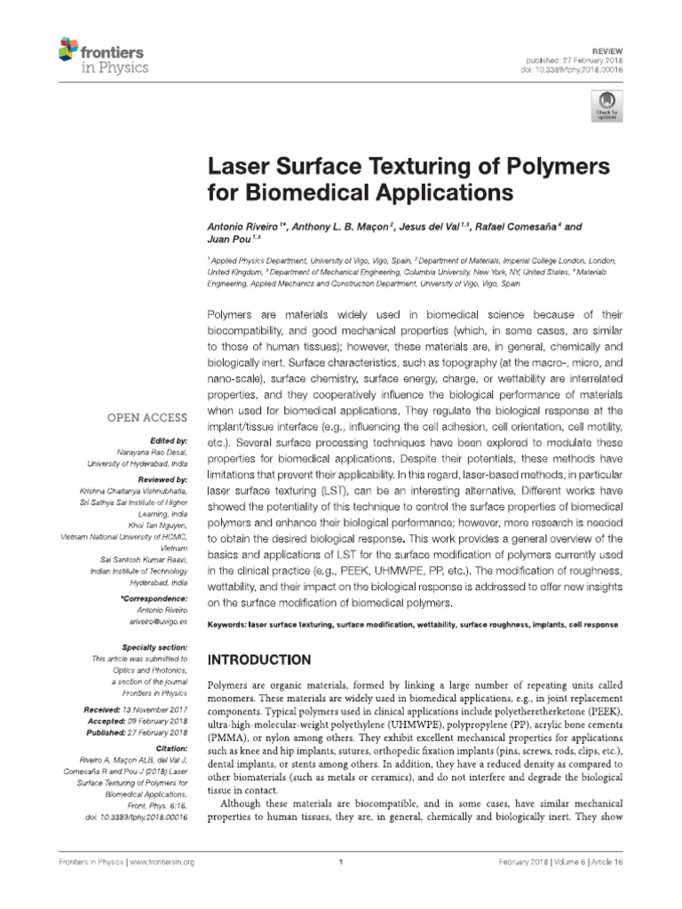 Laser Surface Texuring of Polymers For Biomedical Applications | PDF