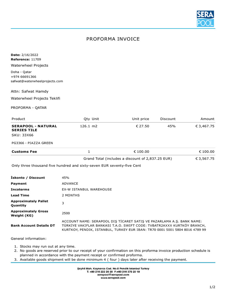 Proforma Invoice for Waterwheel Projects | PDF | Receipt | Pro Forma