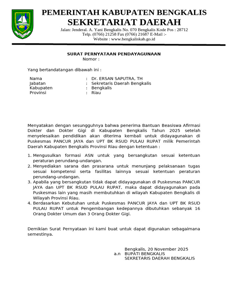Surat Pernyataan Beasiswa Dokter Bengkalis | PDF