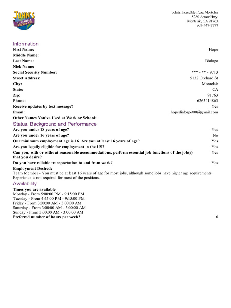 Job Application for Team Member at John's Incredible Pizza | PDF ...