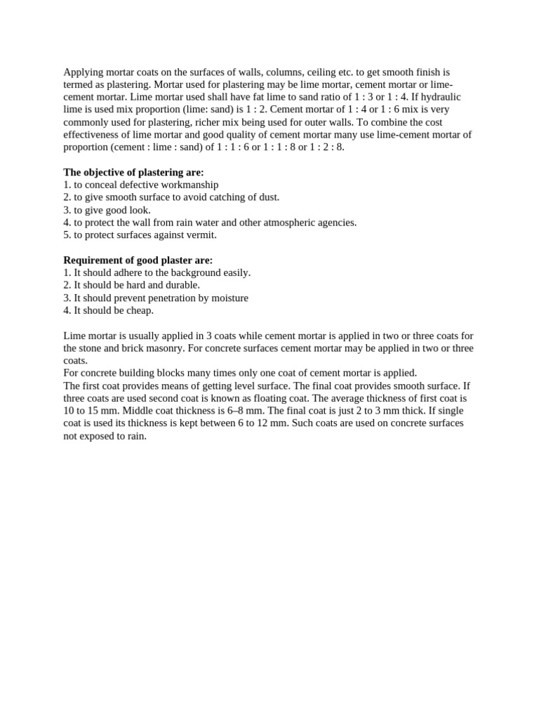 Plastering Techniques and Mortar Types | PDF