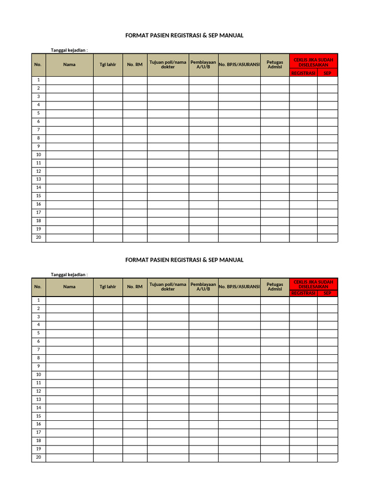 Format Registrasi Pasien dan SEP Manual | PDF