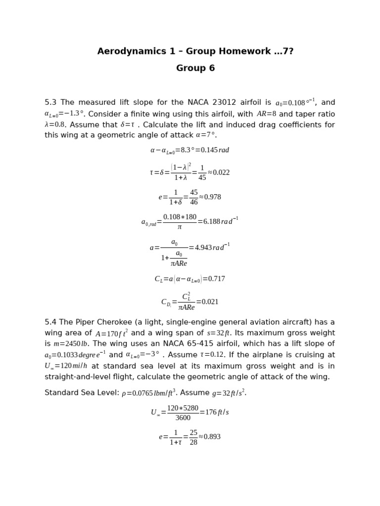 Aerodynamics Homework: Lift & Drag Calculations | PDF | Wing | Lift (Force)