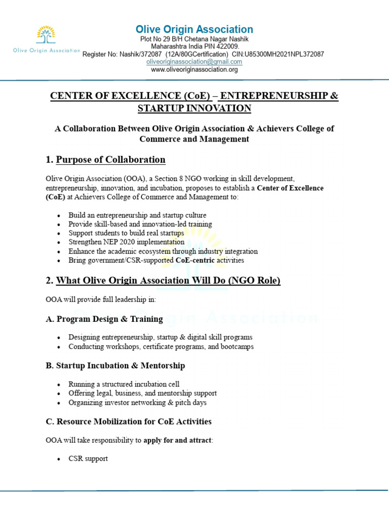 Olive Origin CoE for Entrepreneurship | PDF | Startup Company | Small ...