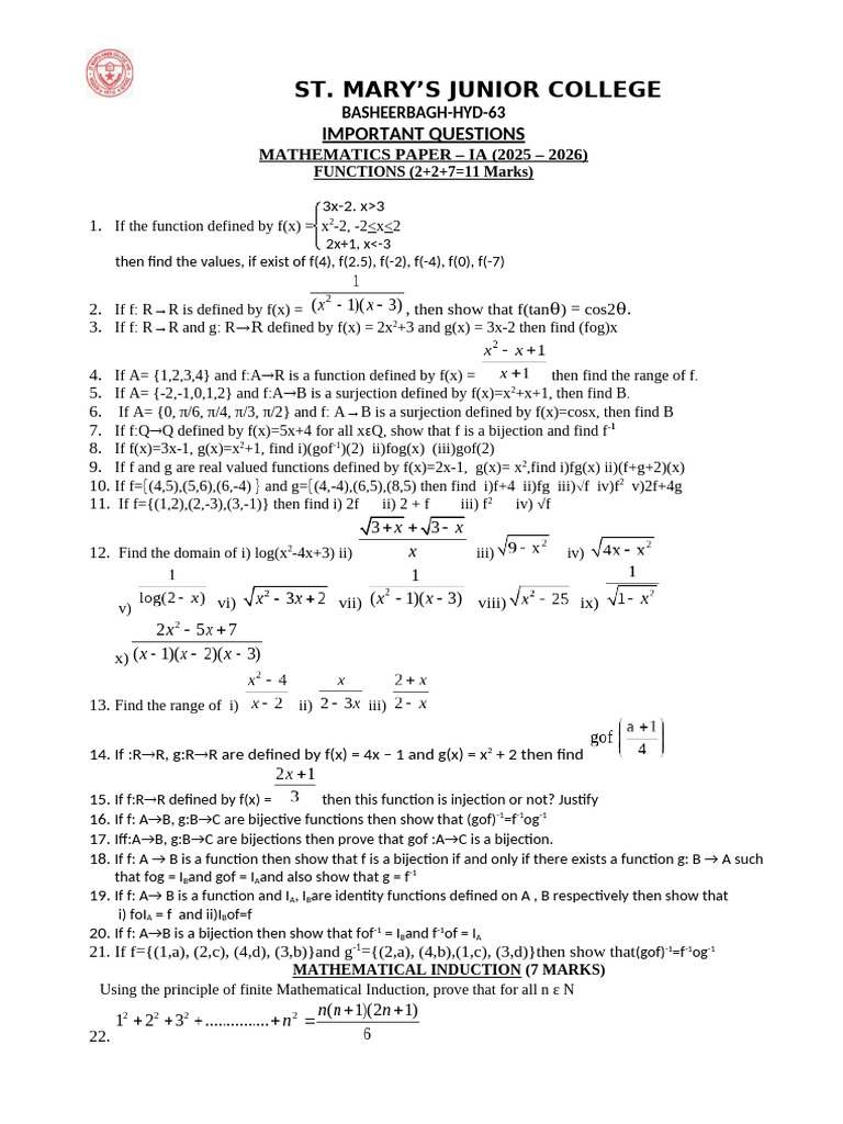 Important Mathematics Questions for 2025-2026 | PDF | Mathematics