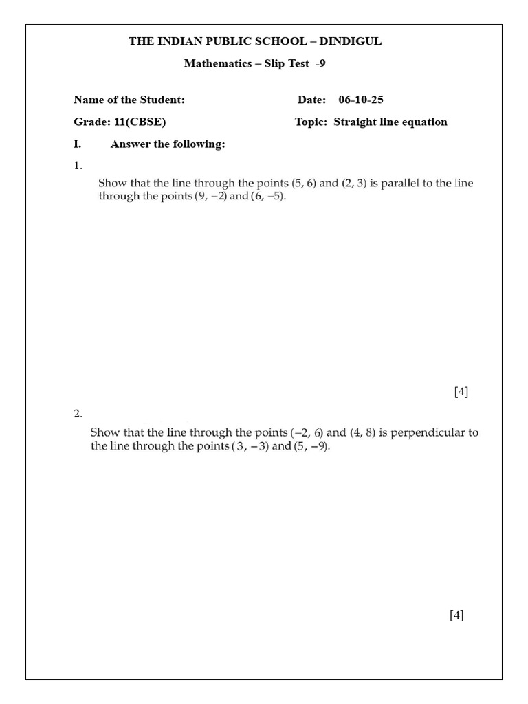 Mathematics Slip Test: Straight Lines | PDF
