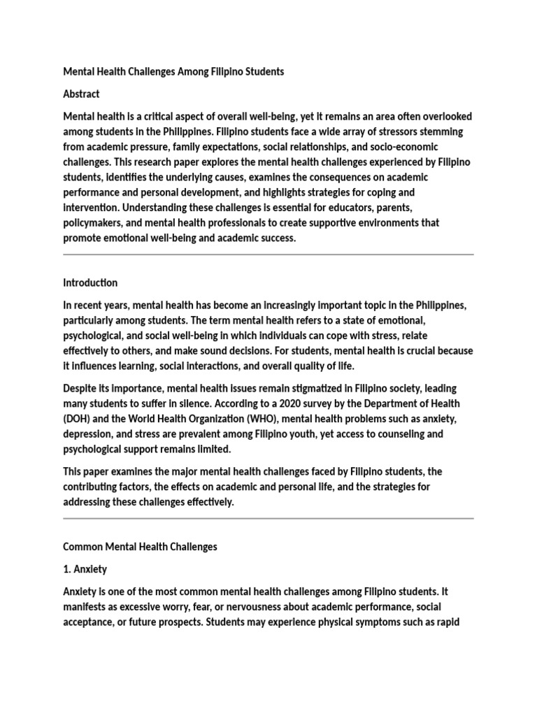Mental Health Issues in Filipino Students | PDF | Mental Health | Anxiety