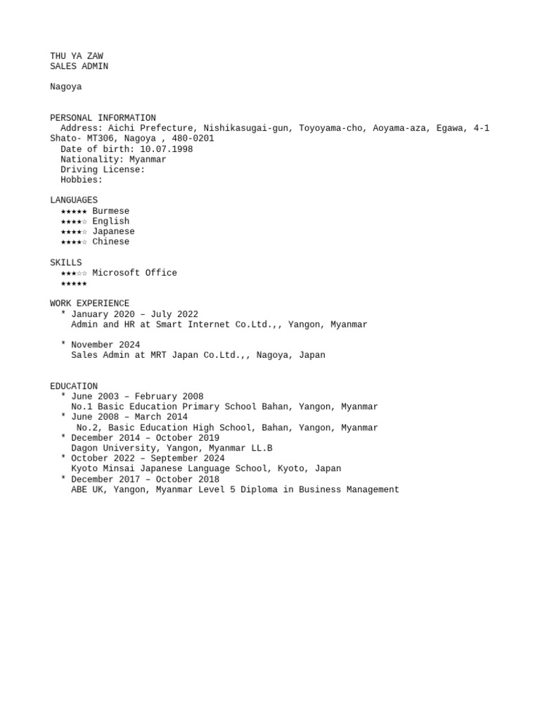 Thu Ya Zaw - Resume - Sales Admin | PDF
