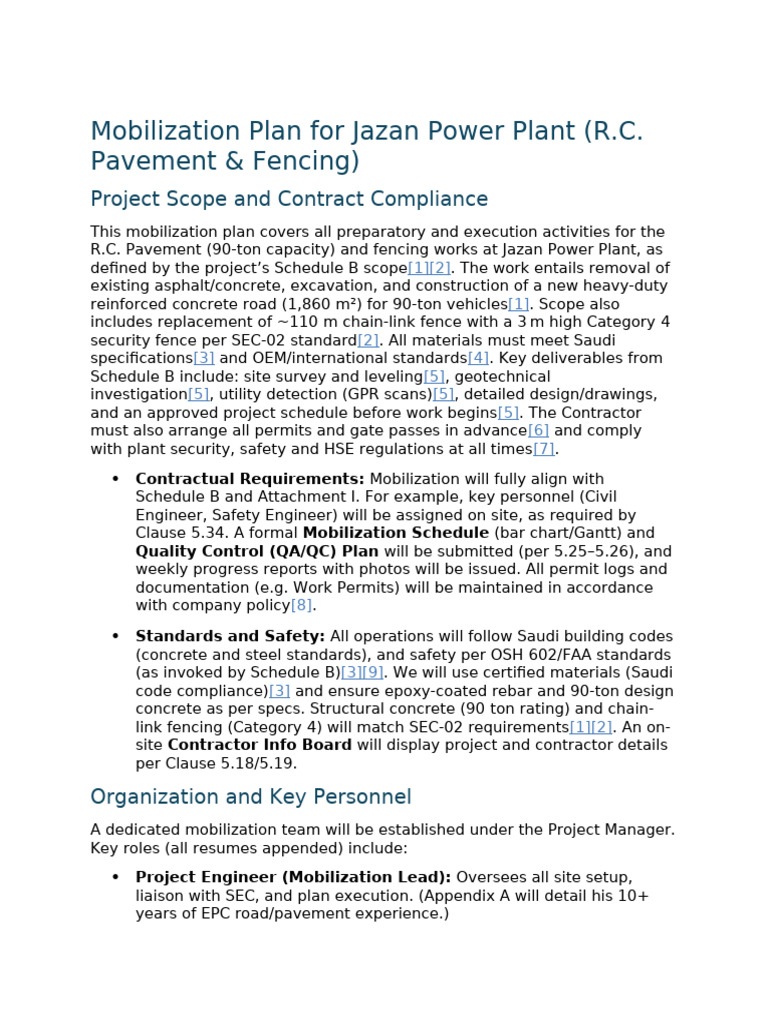 Jazan Power Plant Mobilization Plan | PDF | Concrete | Quality Assurance